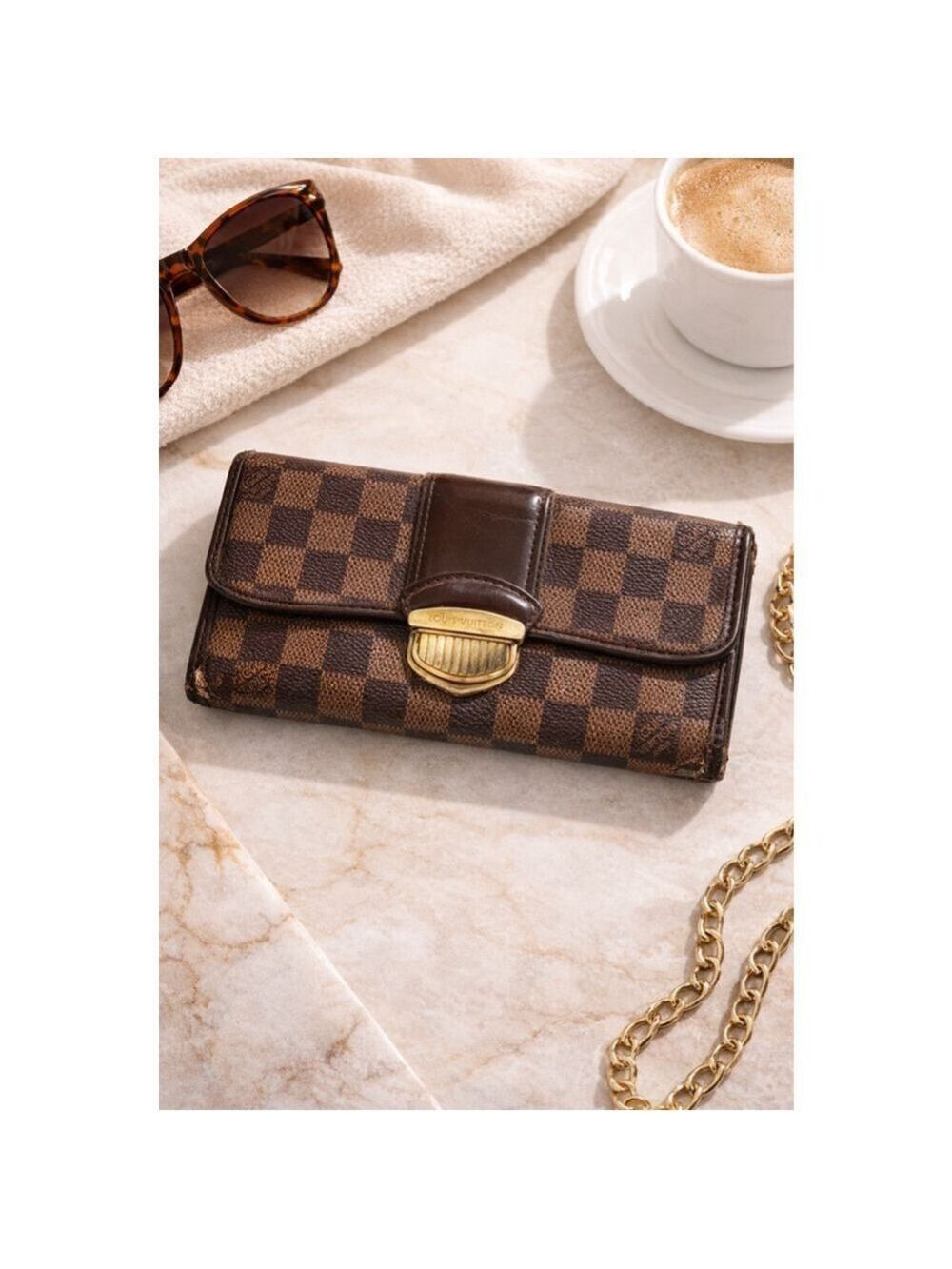 Louis Vuitton Damier Ebene Long Wallet Push Lock Clutch Style Brown Checkered - Picture 1 of 16